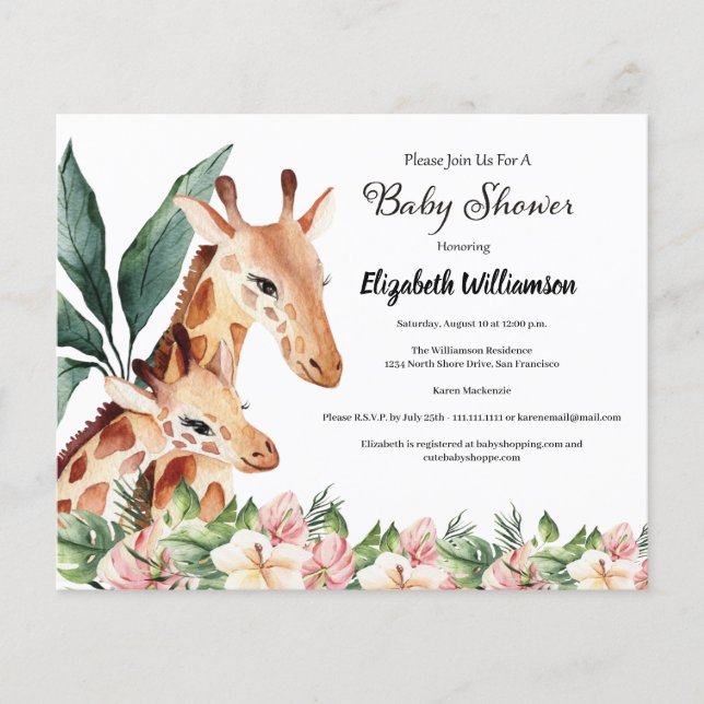 Budget Safari Giraffe Animal Baby Shower Flyer (Front)