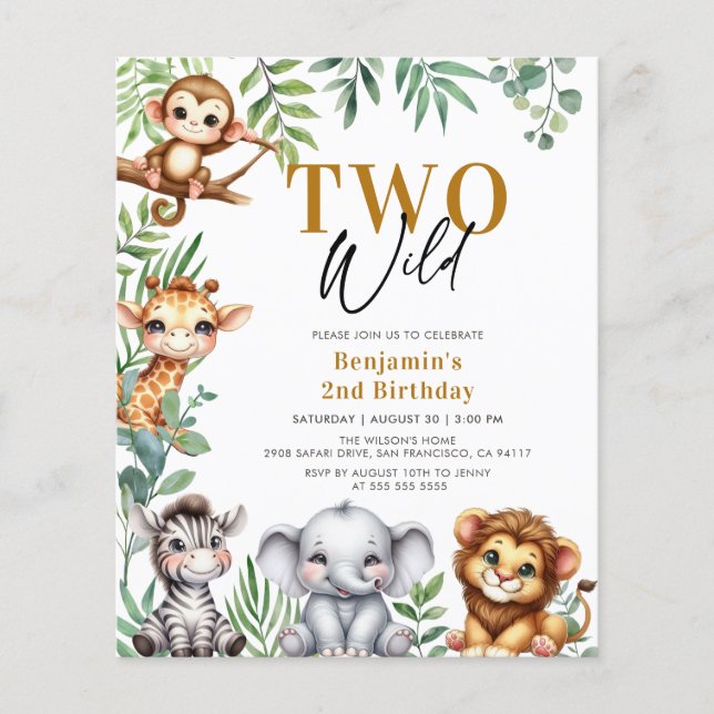 Budget Safari Two Wild Animals 2nd Birthday Invite (Front)