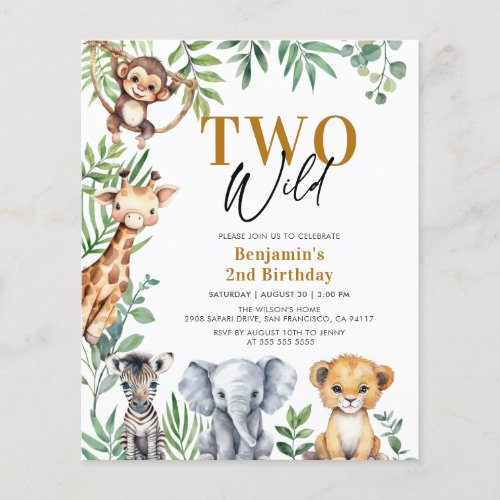 Budget Safari Two Wild Animals 2nd Birthday Invite