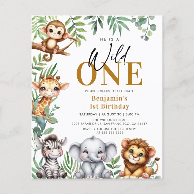 Budget Safari Wild One Animals 1st Birthday Invite (Front)