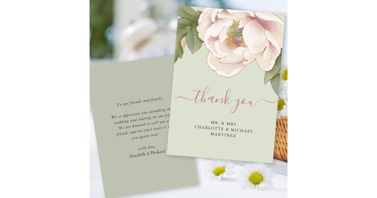 BUDGET Sage & Blush Floral Wedding Thank You Card | Zazzle