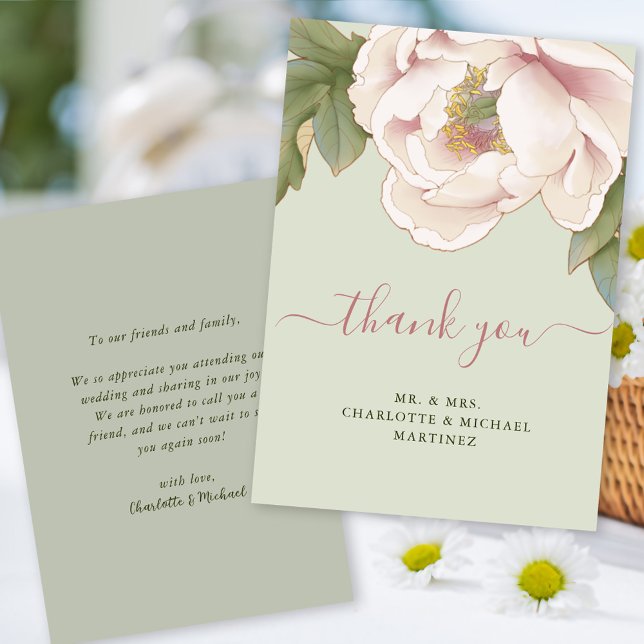 BUDGET Sage & Blush Floral Wedding Thank You Card (Creator Uploaded)