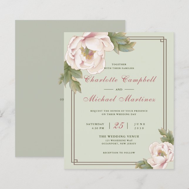 Budget Sage & Blush Peony Floral Wedding Invite (Front/Back)