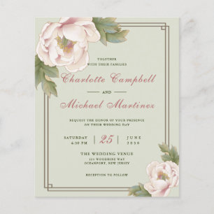 Budget Sage & Blush Peony Floral Wedding Invite Flyer