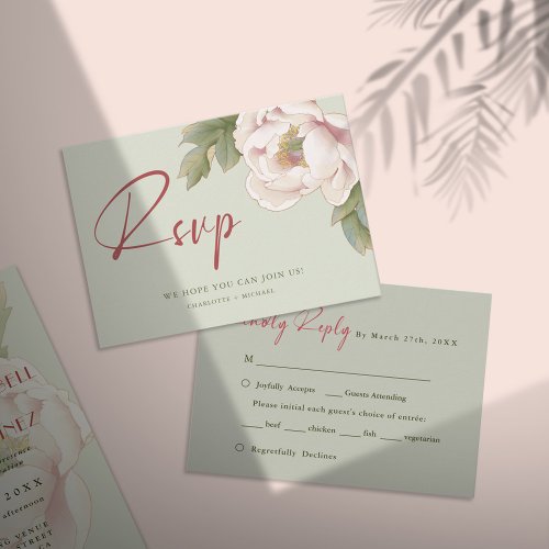 BUDGET Sage  Blush Peony Floral Wedding RSVP Card