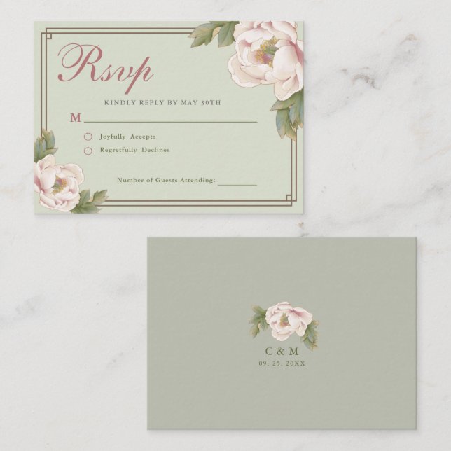 BUDGET Sage & Blush Peony Floral Wedding RSVP Note Card (Front/Back)