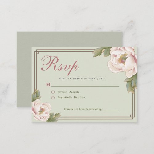 BUDGET Sage  Blush Peony Floral Wedding RSVP Note Card