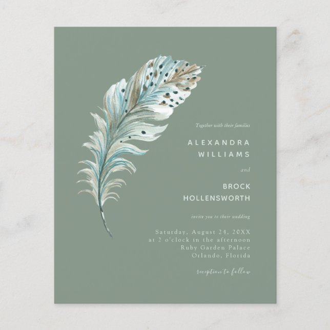 Budget Sage Boho Feather Minimal Wedding Invite (Front)
