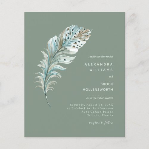 Budget Sage Boho Feather Minimal Wedding Invite