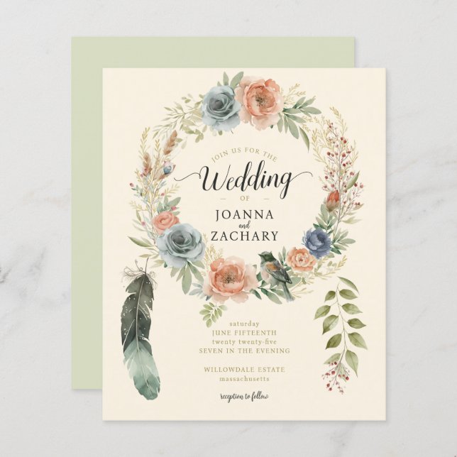 Budget Sage Boho Watercolor Floral Wedding Invite (Front/Back)