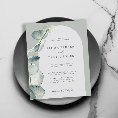 Budget sage eucalyptus arch wedding invitation