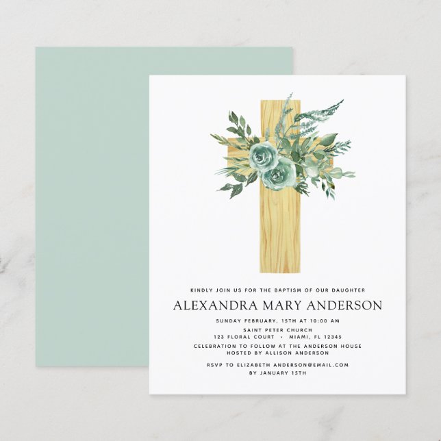 Budget Sage Eucalyptus Baptism Greenery Invitation (Front/Back)