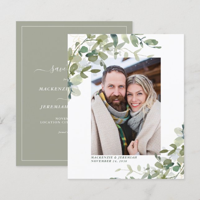 Budget Sage Eucalyptus Wedding Photo Save the Date (Front/Back)