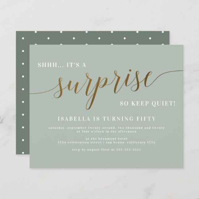 Budget Sage & Gold Script Surprise Birthday Party (Front/Back)