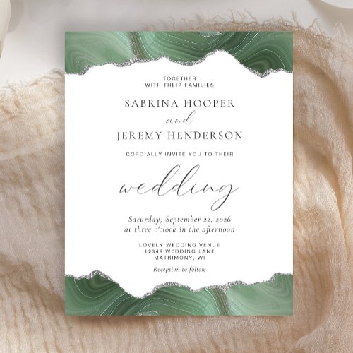 Budget Sage Green Agate Silver Wedding Invitation