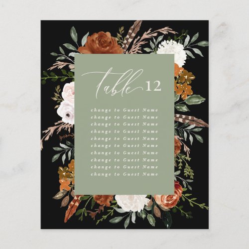 Budget sage green black floral table seating plan