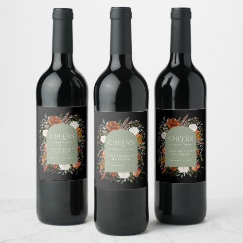 Budget sage green black floral wedding favor gift wine label