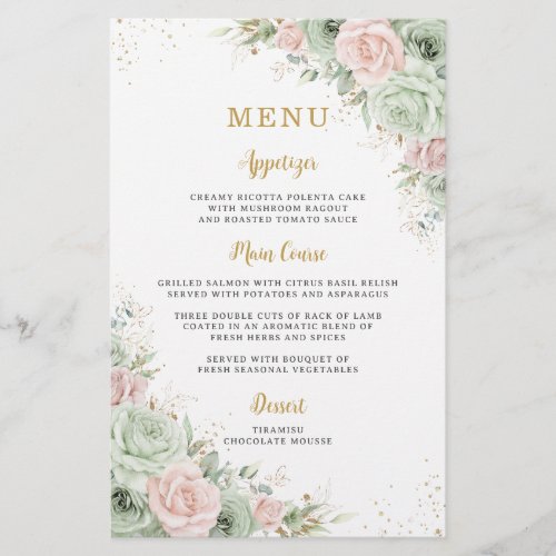 Budget Sage Green Blush Floral Menu Sheet