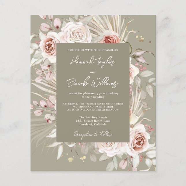 Budget Sage Green Boho Floral Wedding Invitation (Front)