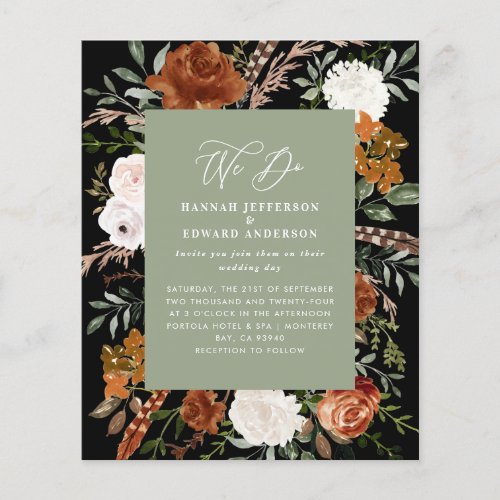 Budget sage green botanical wedding details invite flyer