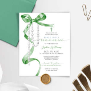 Budget Sage Green Bow First Communion Invitation
