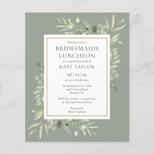 Budget Sage Green Bridesmaids Luncheon Invitation - Featuring delicate watercolor leaves on a sage green background, this chic budget bridesmaids luncheon invitation can be personalized with your special event details. Designed by Thisisnotme©