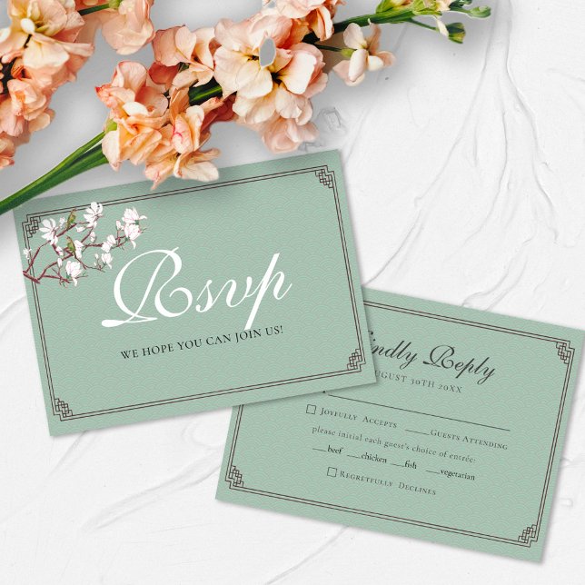 BUDGET Sage Green Chinoiserie Flower Bird Wedding Note Card (Creator Uploaded)