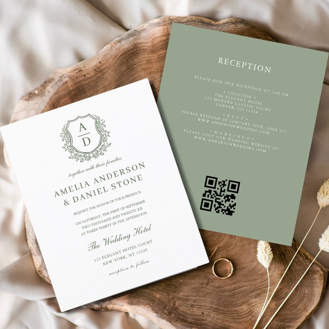 Budget Sage Green Crest Monogram Wedding QR Code Flyer (Creator Uploaded)
