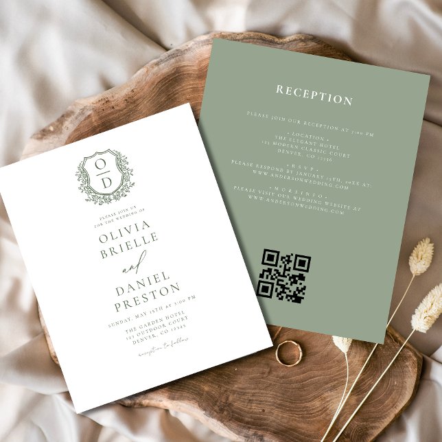 Budget Sage Green Crest Monogram Wedding QR Code Flyer (Creator Uploaded)