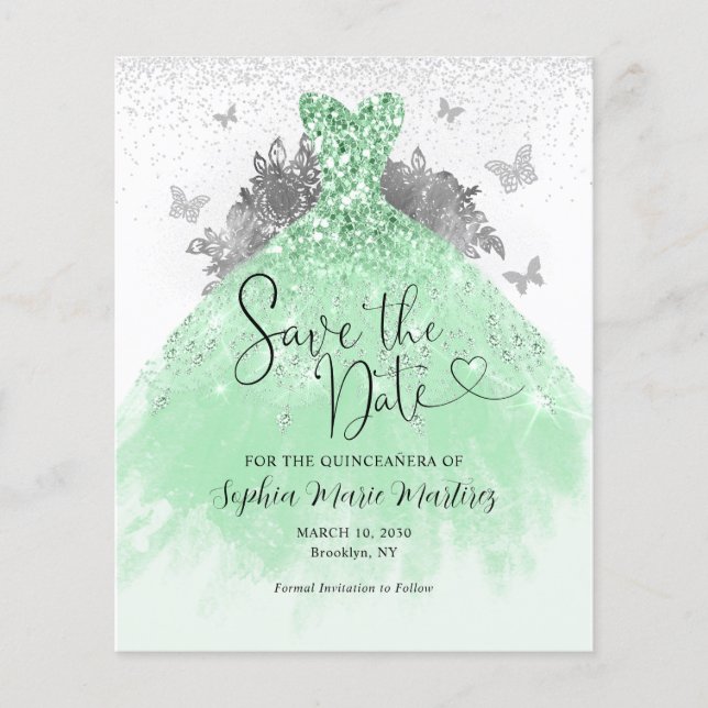 Budget Sage Green Dress Quinceañera Save the Date (Front)