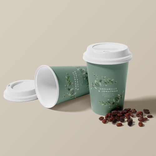 Budget sage green eucalyptus botanical wedding paper cups