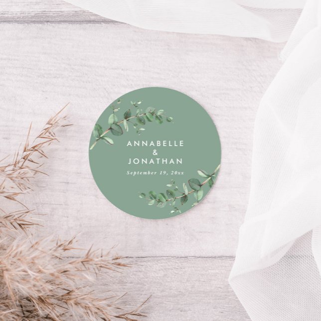Budget sage green eucalyptus foliage wedding favor classic round sticker (Creator Uploaded)