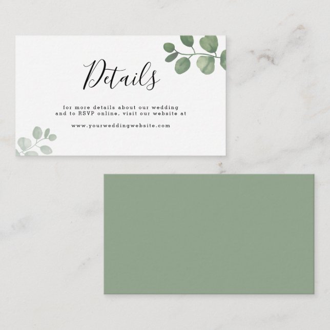 BUDGET Sage Green Eucalyptus Wedding Details Note Card (Front/Back)