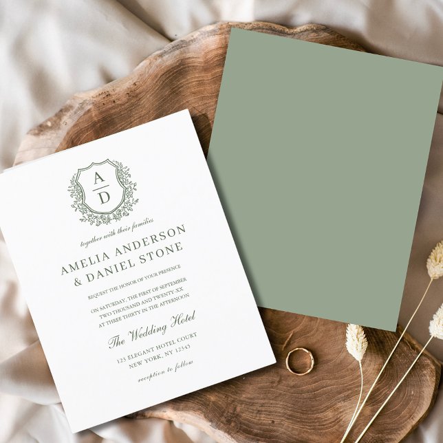 Budget Sage Green Floral Crest Monogram Wedding  Flyer (Creator Uploaded)