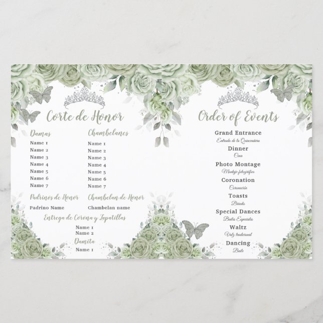 Budget Sage Green Floral Quinceañera XV Program (Back)
