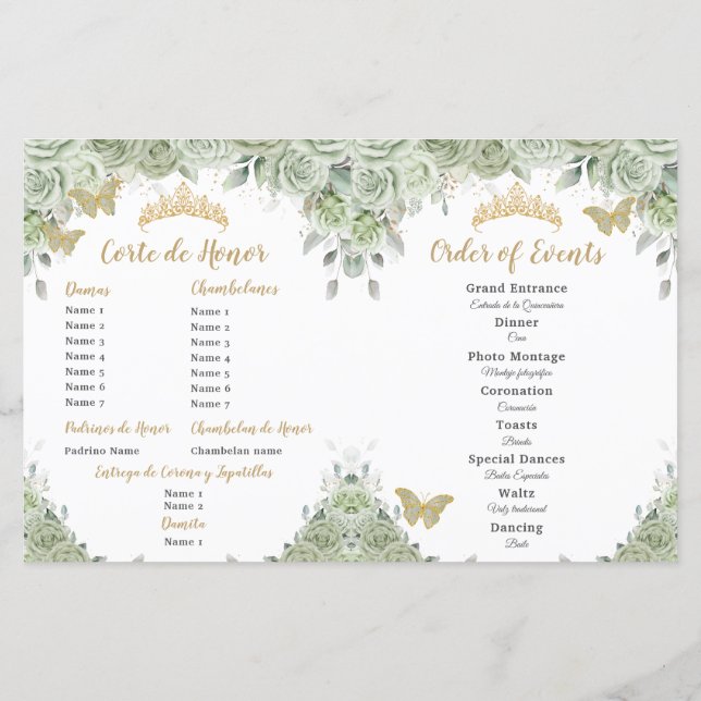 Budget Sage Green Floral Quinceañera XV Program (Back)