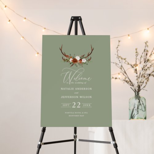 Budget sage green floral stag wedding welcome foam board