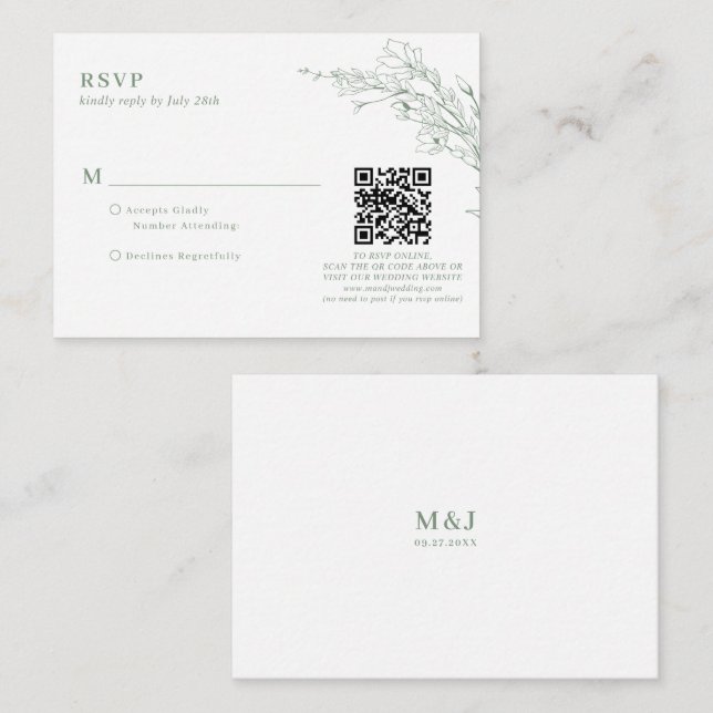BUDGET Sage Green Floral Wreath QR Code Wedding Enclosure Card (Front/Back)