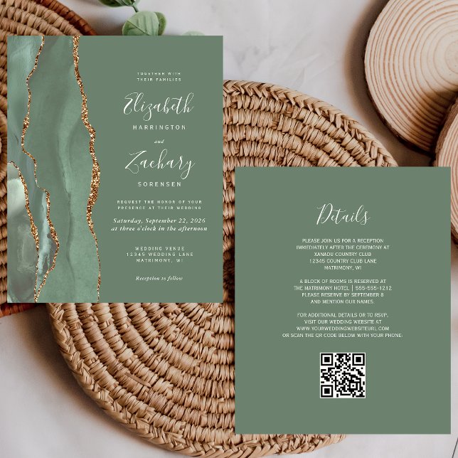 Budget Sage Green Gold Agate QR Code Wedding (Creator Uploaded)