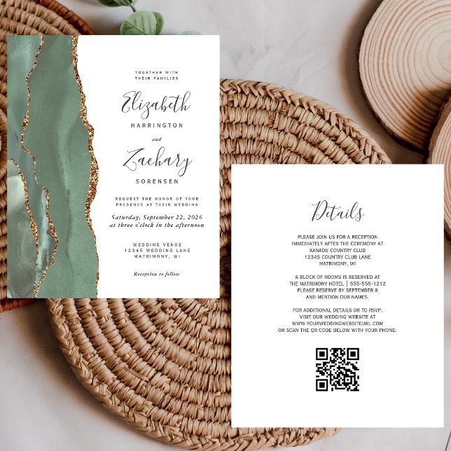 Budget Sage Green Gold Agate QR Code Wedding (Creator Uploaded)
