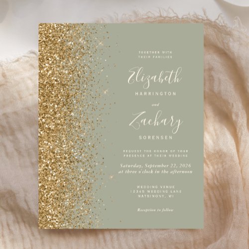 Budget Sage Green Gold Faux Glitter Wedding Invite