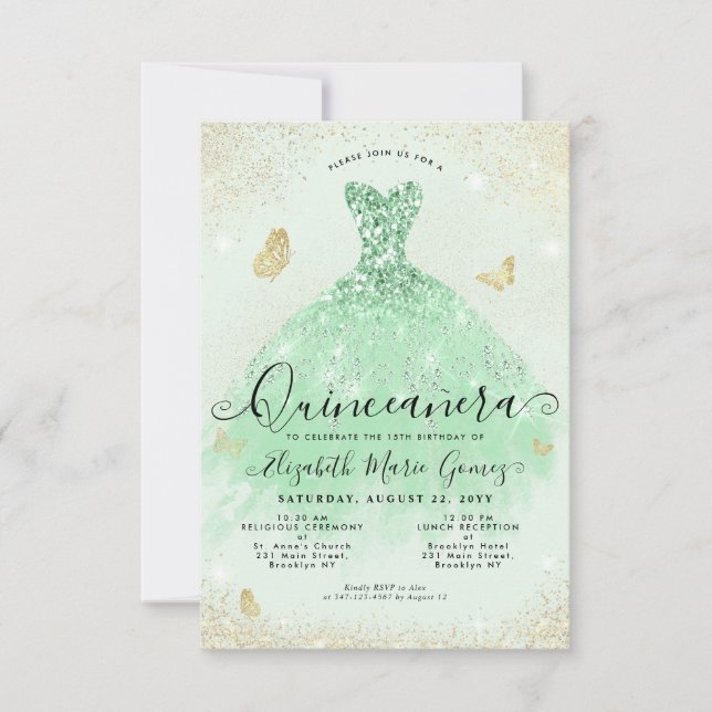 Budget Sage Green Gold Glitter Gown Quinceanera Note Card (Front)