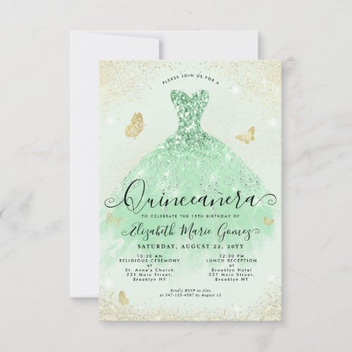 Budget Sage Green Gold Glitter Gown Quinceanera Note Card