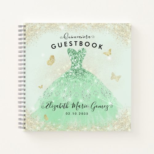 Budget Sage Green Gold Quinceanera Guestbook  Notebook