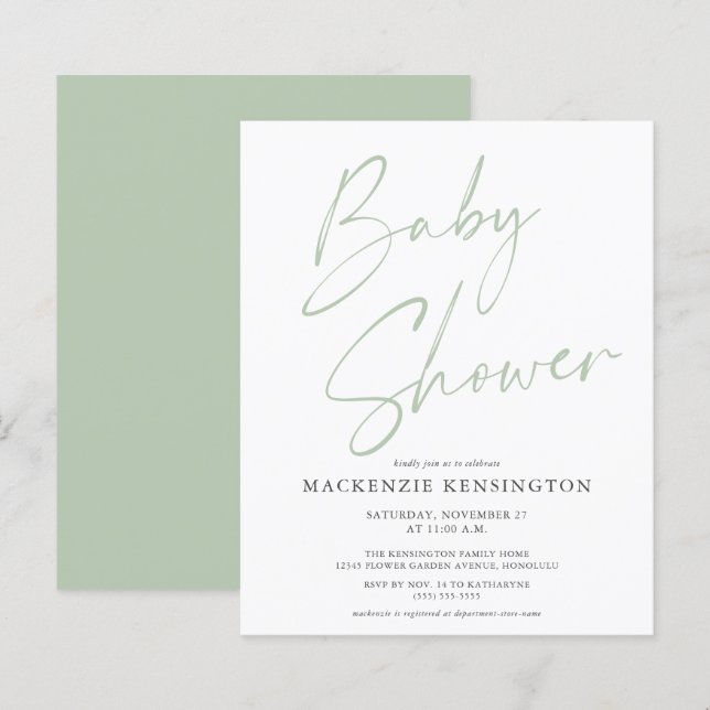 Budget Sage Green Handwritten Script Baby Shower (Front/Back)