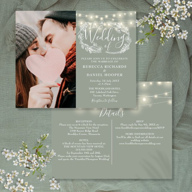 Budget Sage Green Lights Photo Wedding Invite (Budget Sage Green Lights Photo Wedding Invite)