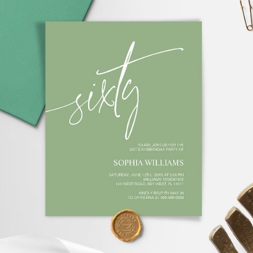 Budget Sage Green Minimal 60th Birthday Invitation