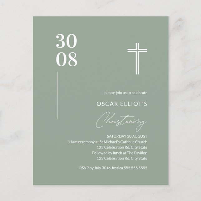 Budget Sage Green Minimalist Christening Invite (Front)