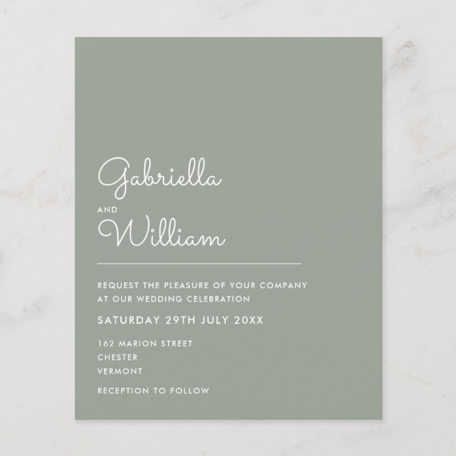 Budget Sage Green Minimalist Wedding Invitation (Front)