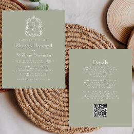 Budget Sage Green Monogram Crest QR Code Wedding